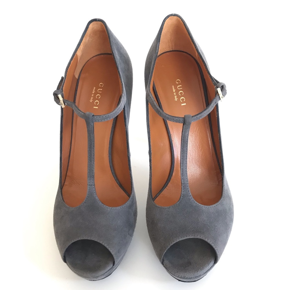 Gucci Betty Peep Toe T Strap High Heel Suede Platform Pumps Gray Sze IT 38.5 NIB - Picture 2 of 16